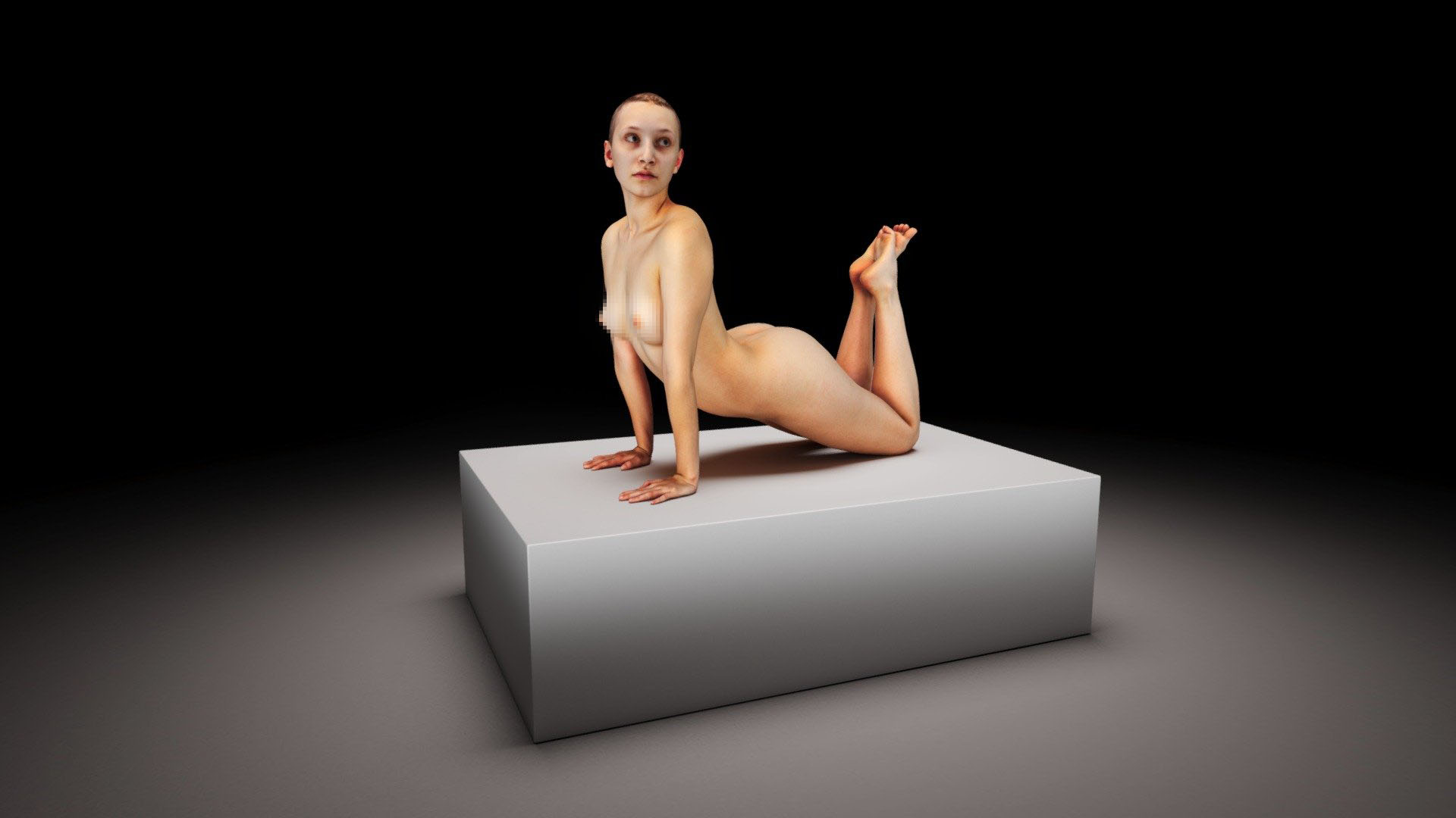 becky kneeling nude on a white block
