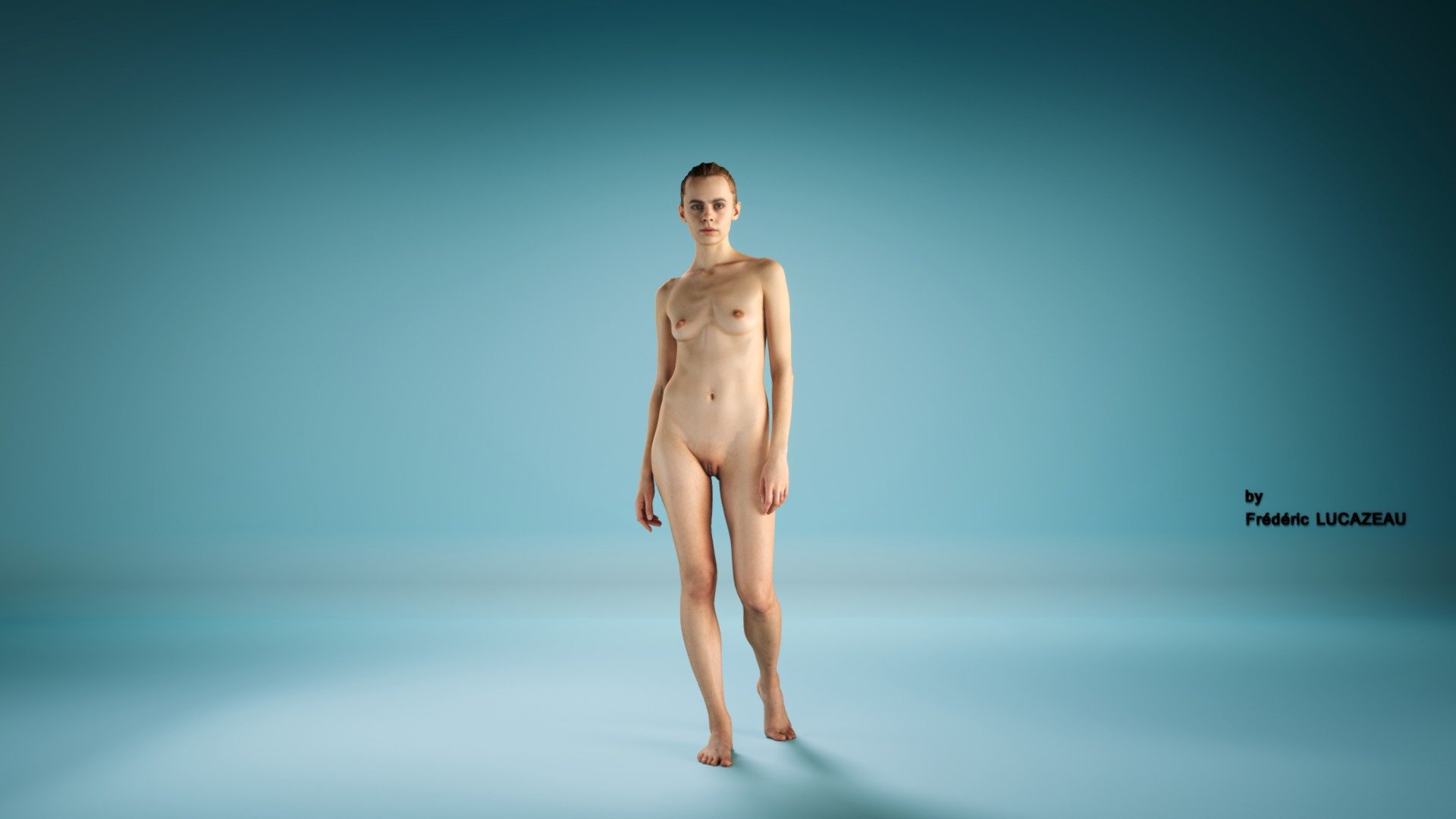 gracie nude model standing in a photostudio cyclorama